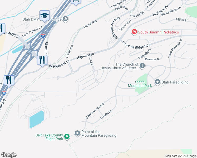 map of restaurants, bars, coffee shops, grocery stores, and more near 14910 Treseder Street in Draper