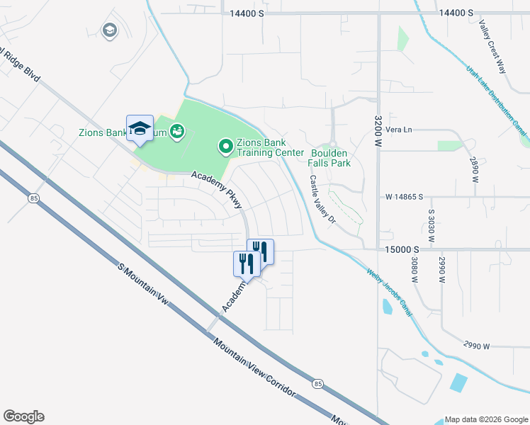 map of restaurants, bars, coffee shops, grocery stores, and more near 14903 Messi Street in Herriman