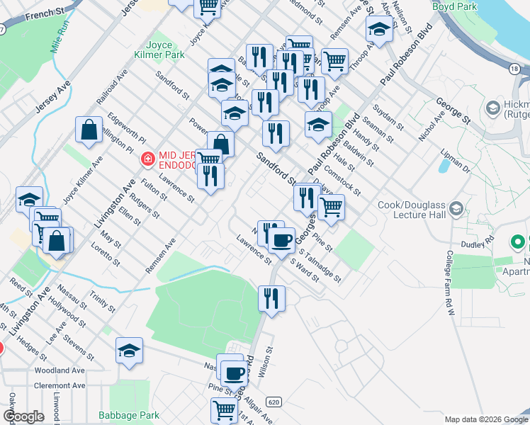 map of restaurants, bars, coffee shops, grocery stores, and more near 93 North Talmadge Street in New Brunswick