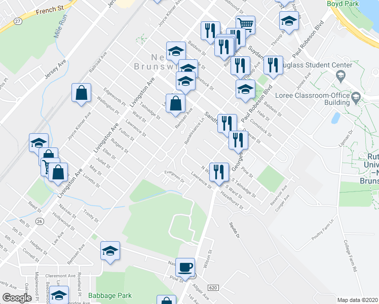 map of restaurants, bars, coffee shops, grocery stores, and more near 93 Lawrence Street in New Brunswick