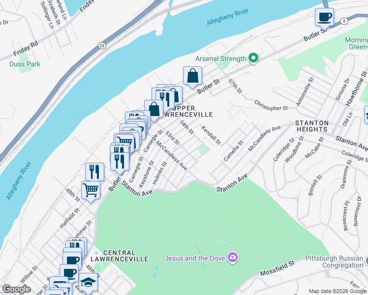 map of restaurants, bars, coffee shops, grocery stores, and more near in Pittsburgh