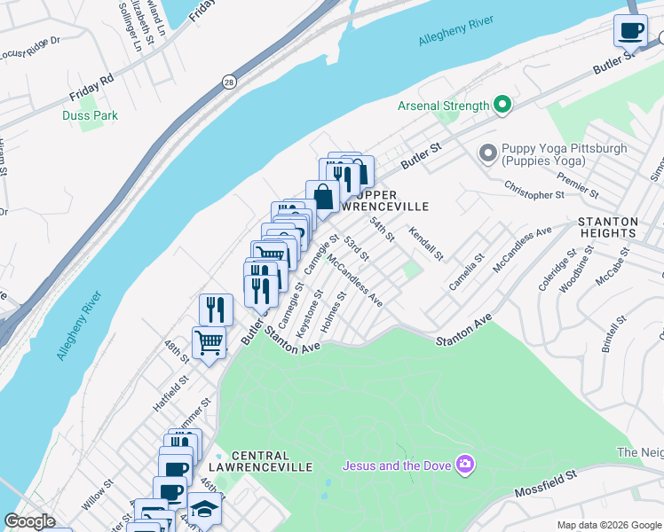 map of restaurants, bars, coffee shops, grocery stores, and more near 5254 Keystone Street in Pittsburgh