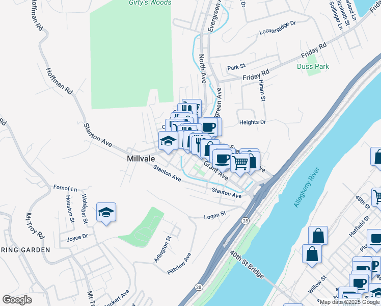 map of restaurants, bars, coffee shops, grocery stores, and more near 500 Grant Avenue in Pittsburgh