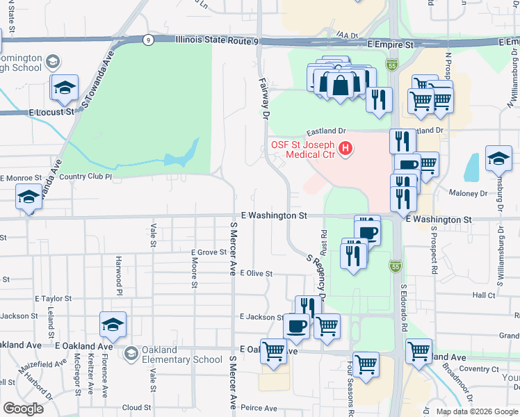 map of restaurants, bars, coffee shops, grocery stores, and more near 5 Ruth Road in Bloomington