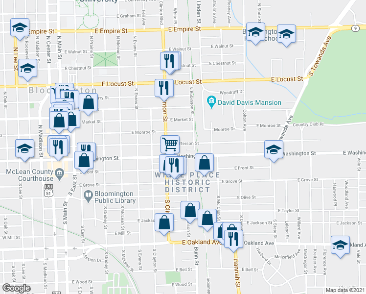 map of restaurants, bars, coffee shops, grocery stores, and more near 817 1/2 East Jefferson Street in Bloomington