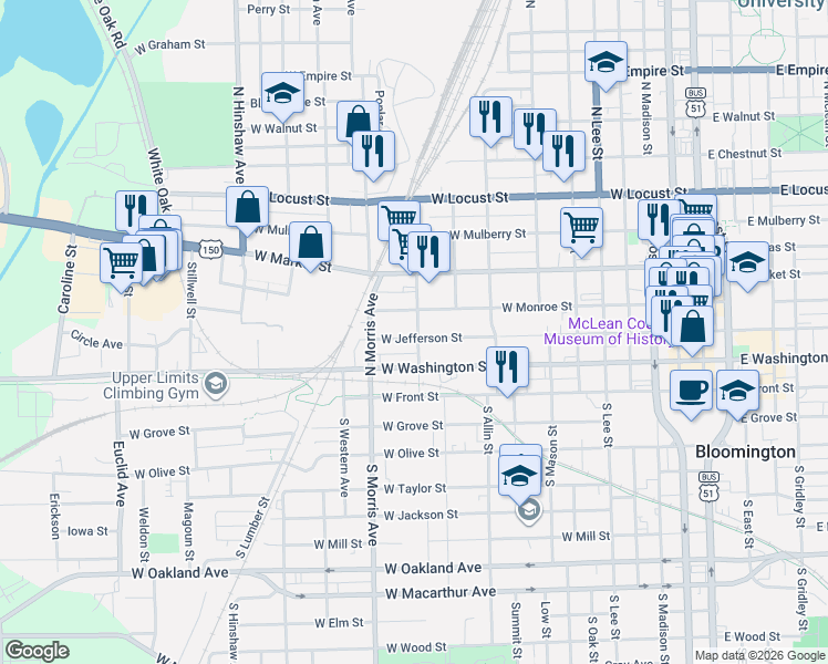 map of restaurants, bars, coffee shops, grocery stores, and more near 907 West Jefferson Street in Bloomington