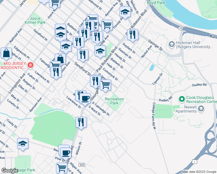 map of restaurants, bars, coffee shops, grocery stores, and more near 11 Sandford Street in New Brunswick