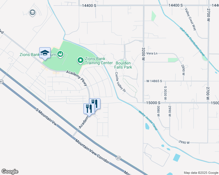 map of restaurants, bars, coffee shops, grocery stores, and more near 14906 Beckham Drive in Bluffdale