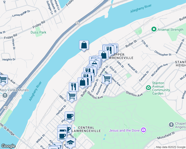 map of restaurants, bars, coffee shops, grocery stores, and more near Butler Street & 52nd Street in Pittsburgh