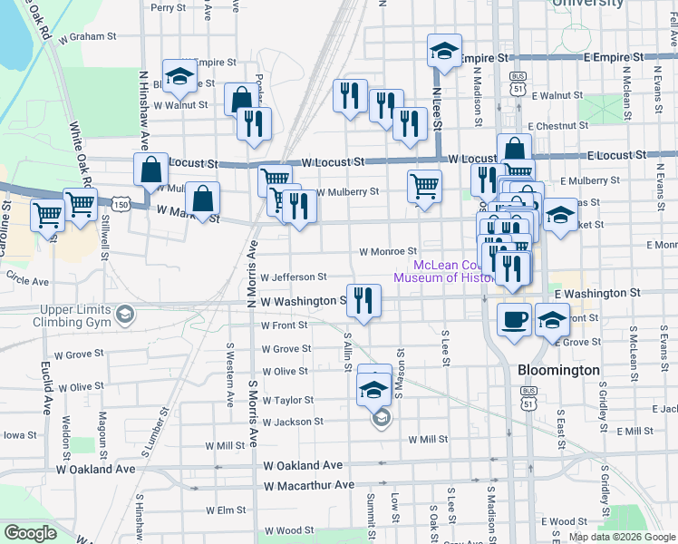 map of restaurants, bars, coffee shops, grocery stores, and more near 807 West Jefferson Street in Bloomington