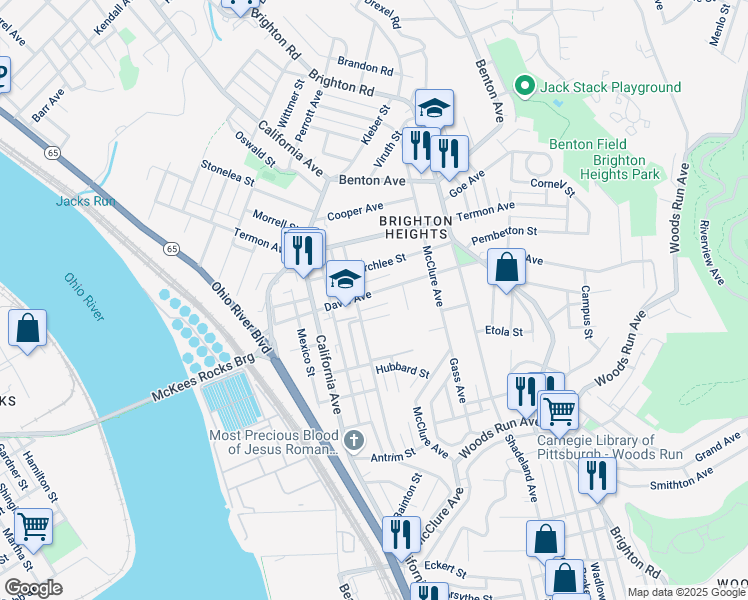 map of restaurants, bars, coffee shops, grocery stores, and more near 1519 Davis Avenue in Pittsburgh