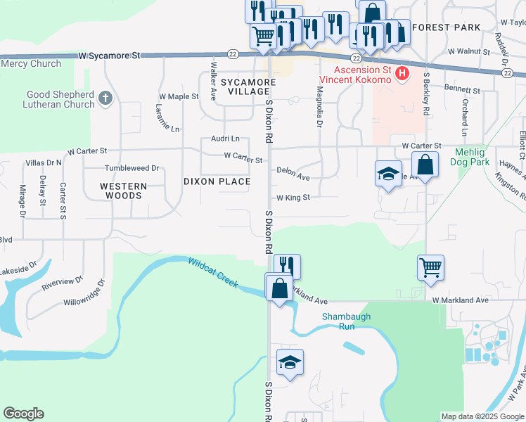 map of restaurants, bars, coffee shops, grocery stores, and more near 2514 Chrystal Woods Drive in Kokomo