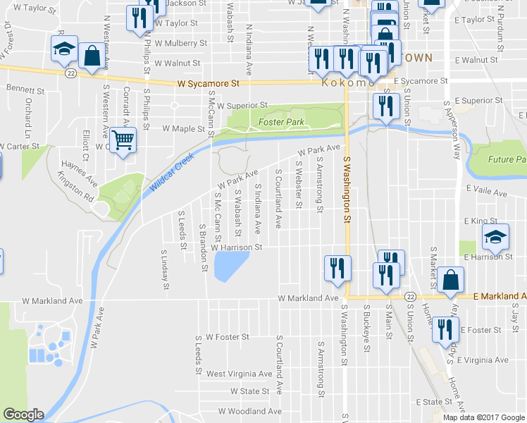 map of restaurants, bars, coffee shops, grocery stores, and more near 624 South Indiana Avenue in Kokomo