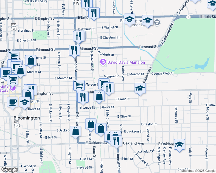 map of restaurants, bars, coffee shops, grocery stores, and more near 1003 East Jefferson Street in Bloomington