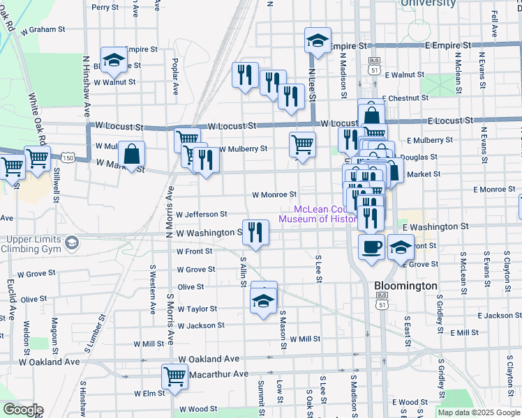 map of restaurants, bars, coffee shops, grocery stores, and more near 713 West Jefferson Street in Bloomington