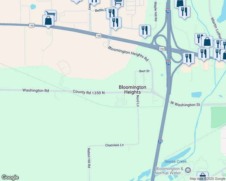 map of restaurants, bars, coffee shops, grocery stores, and more near 2201 Washington Road in Bloomington