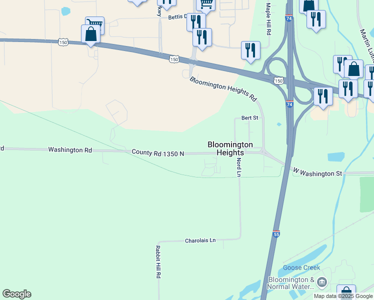 map of restaurants, bars, coffee shops, grocery stores, and more near 2201 Washington Road in Bloomington