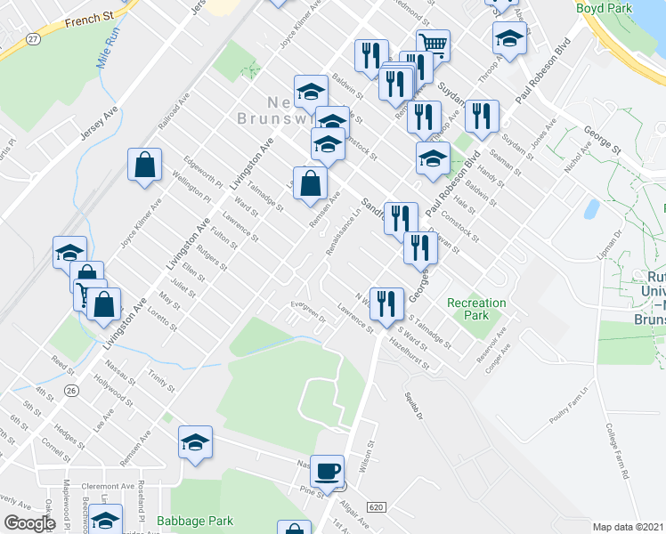map of restaurants, bars, coffee shops, grocery stores, and more near 93 Lawrence Street in New Brunswick