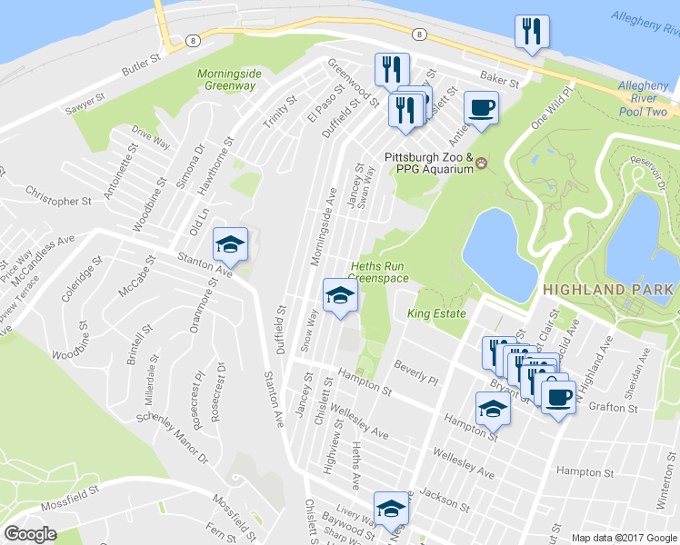 map of restaurants, bars, coffee shops, grocery stores, and more near 1244 Jancey Street in Pittsburgh