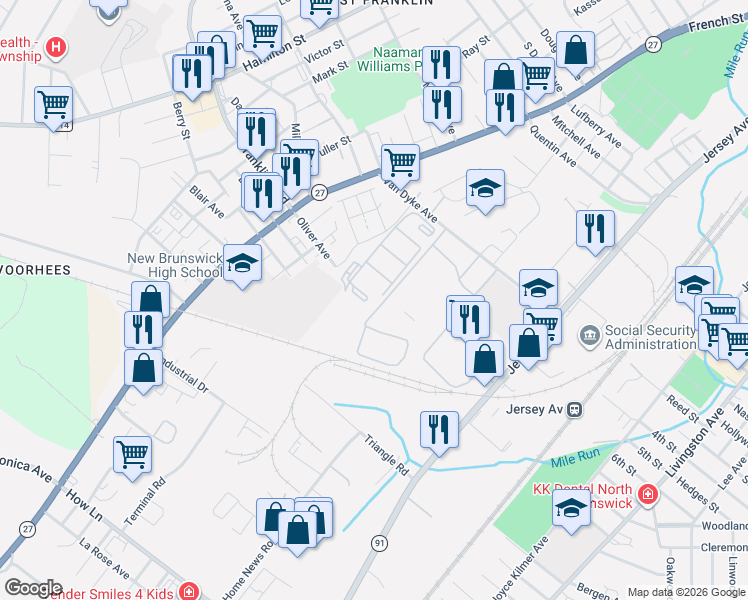 map of restaurants, bars, coffee shops, grocery stores, and more near 1216 Edpas Road in New Brunswick
