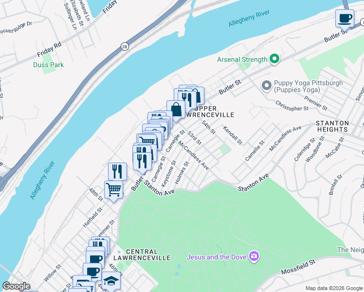 map of restaurants, bars, coffee shops, grocery stores, and more near 5254 Keystone Street in Pittsburgh