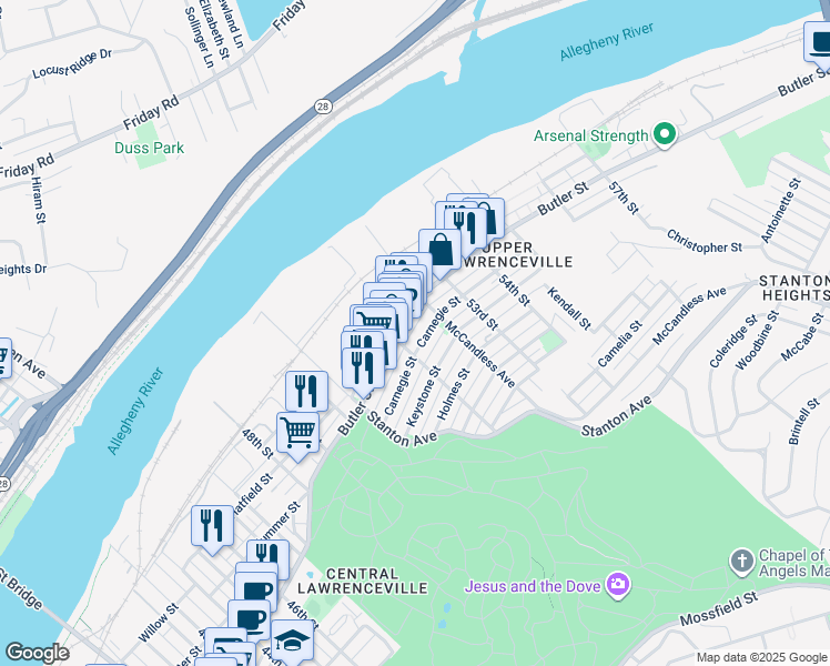 map of restaurants, bars, coffee shops, grocery stores, and more near in Pittsburgh