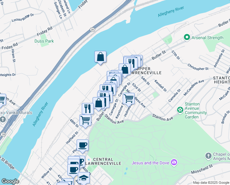 map of restaurants, bars, coffee shops, grocery stores, and more near in Pittsburgh