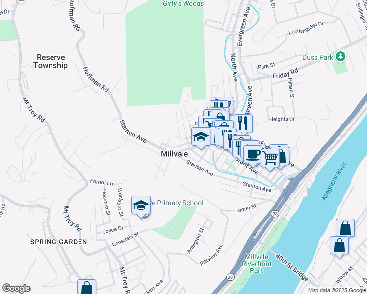 map of restaurants, bars, coffee shops, grocery stores, and more near 103 Howard Street in Millvale