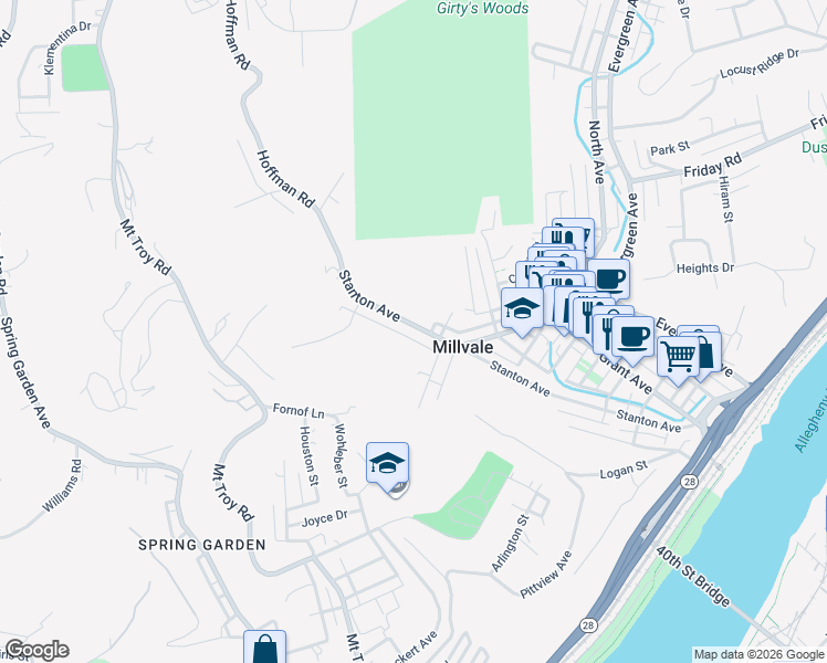 map of restaurants, bars, coffee shops, grocery stores, and more near 829 Stanton Avenue in Pittsburgh