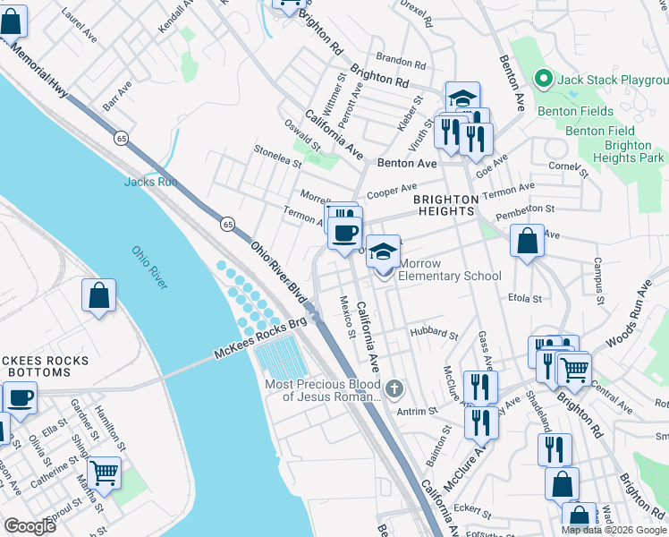 map of restaurants, bars, coffee shops, grocery stores, and more near 3615 California Avenue in Pittsburgh