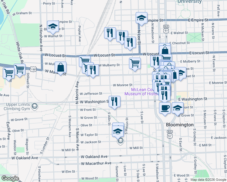 map of restaurants, bars, coffee shops, grocery stores, and more near 713 West Jefferson Street in Bloomington