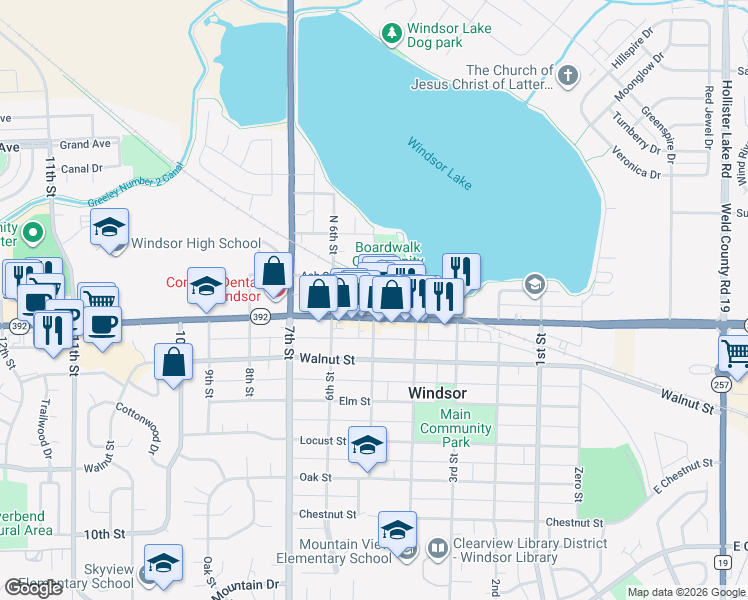 map of restaurants, bars, coffee shops, grocery stores, and more near 116 5th Street in Windsor
