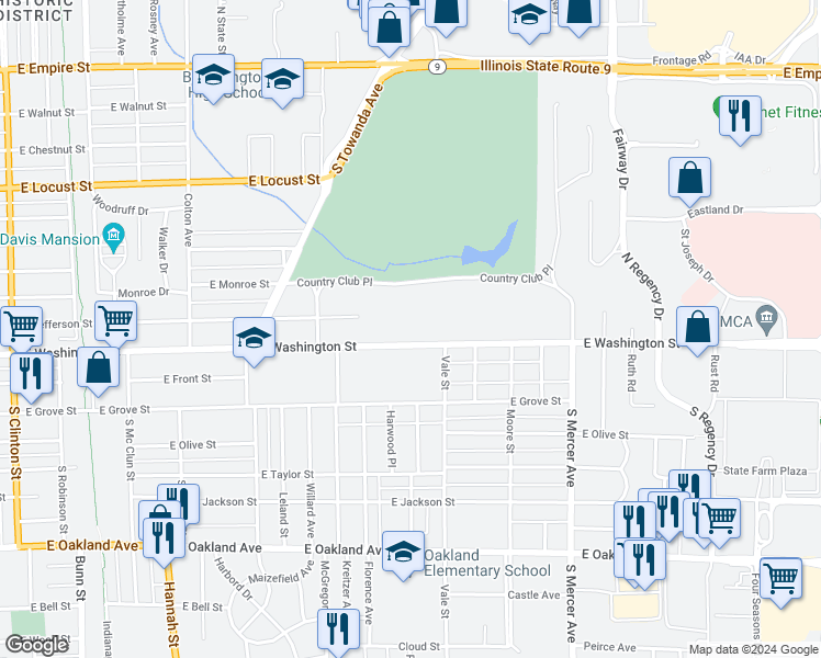 map of restaurants, bars, coffee shops, grocery stores, and more near 1316 East Washington Street in Bloomington
