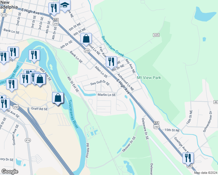 map of restaurants, bars, coffee shops, grocery stores, and more near 116 Sea Gull Drive Southeast in New Philadelphia