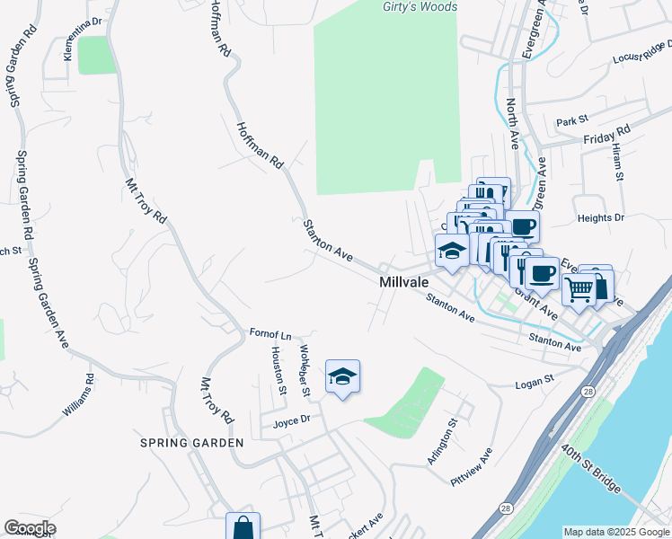 map of restaurants, bars, coffee shops, grocery stores, and more near 853 Reserve Street in Pittsburgh