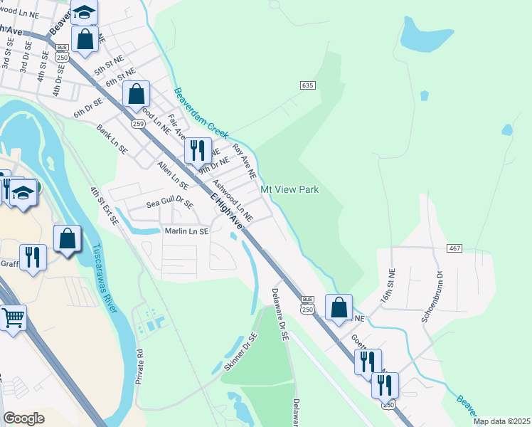map of restaurants, bars, coffee shops, grocery stores, and more near 140 13th Street Northeast in New Philadelphia