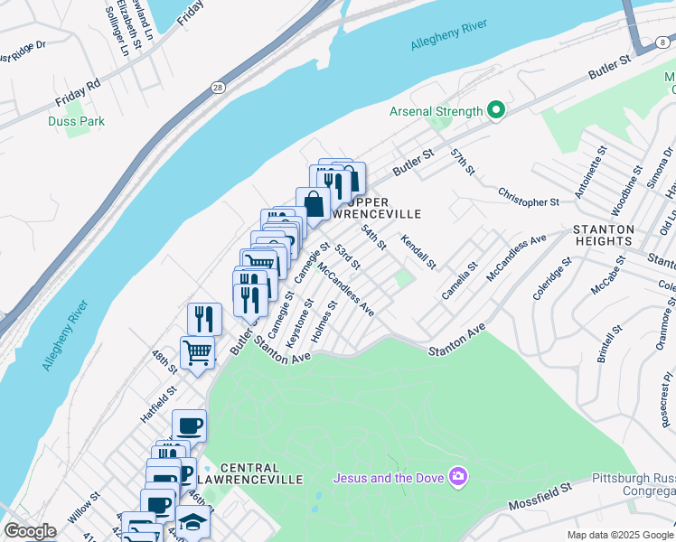 map of restaurants, bars, coffee shops, grocery stores, and more near 5254 Keystone Street in Pittsburgh