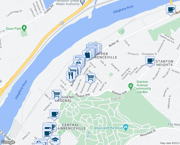 map of restaurants, bars, coffee shops, grocery stores, and more near 5254 Keystone Street in Pittsburgh