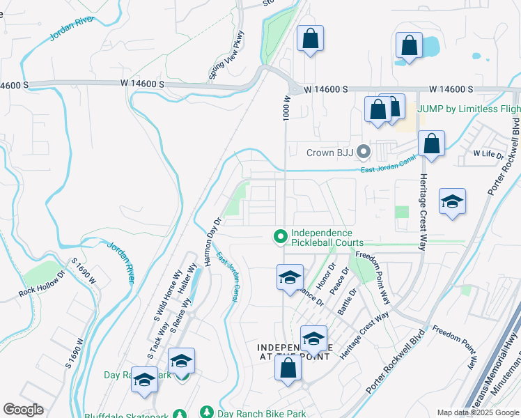 map of restaurants, bars, coffee shops, grocery stores, and more near 1046 Albion Meadow Way in Bluffdale