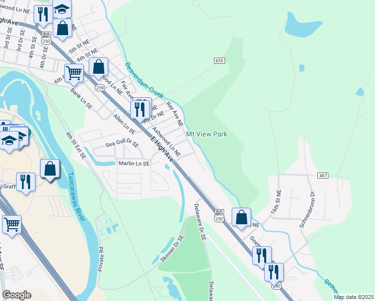 map of restaurants, bars, coffee shops, grocery stores, and more near 140 13th Street Northeast in New Philadelphia