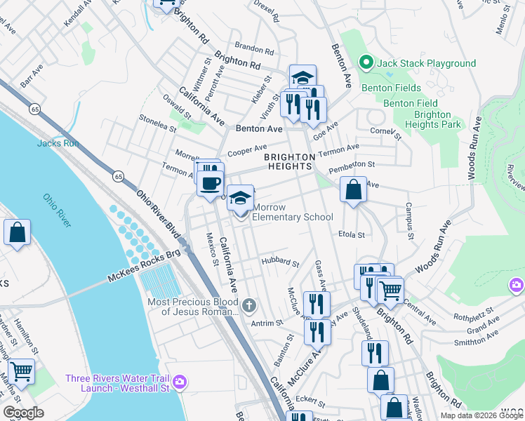 map of restaurants, bars, coffee shops, grocery stores, and more near 1519 Davis Avenue in Pittsburgh