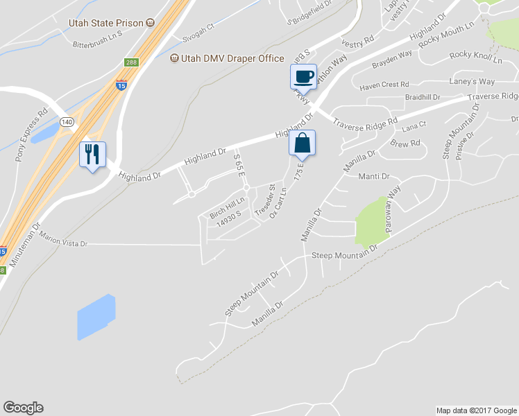 map of restaurants, bars, coffee shops, grocery stores, and more near 14906 Treseder Street in Draper