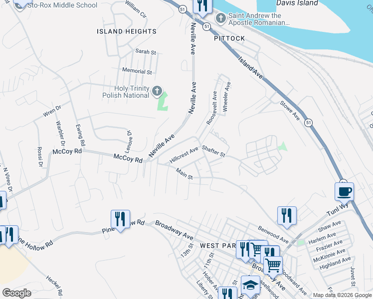 map of restaurants, bars, coffee shops, grocery stores, and more near 555 Hillcrest Avenue in McKees Rocks
