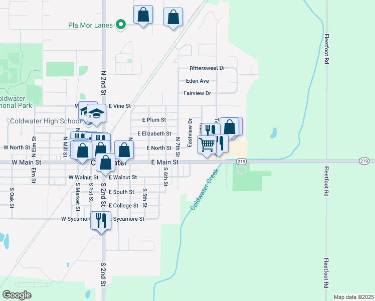 map of restaurants, bars, coffee shops, grocery stores, and more near 609 East North Street in Coldwater