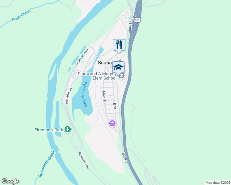 map of restaurants, bars, coffee shops, grocery stores, and more near 524 B Street in Scotia
