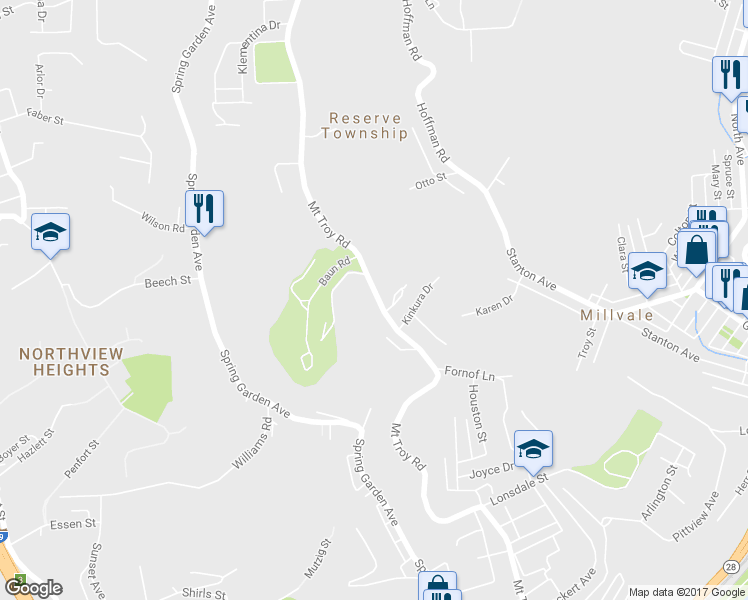 map of restaurants, bars, coffee shops, grocery stores, and more near 3073 Mount Troy Road in Pittsburgh