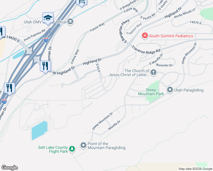 map of restaurants, bars, coffee shops, grocery stores, and more near 14906 Treseder Street in Draper