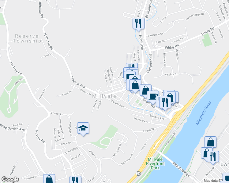 map of restaurants, bars, coffee shops, grocery stores, and more near 103 Howard Street in Millvale