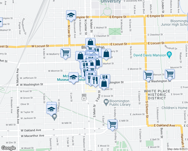 map of restaurants, bars, coffee shops, grocery stores, and more near 301 North Main Street in Bloomington