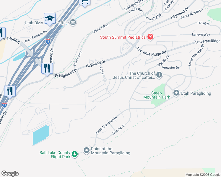 map of restaurants, bars, coffee shops, grocery stores, and more near 14906 Treseder Street in Draper